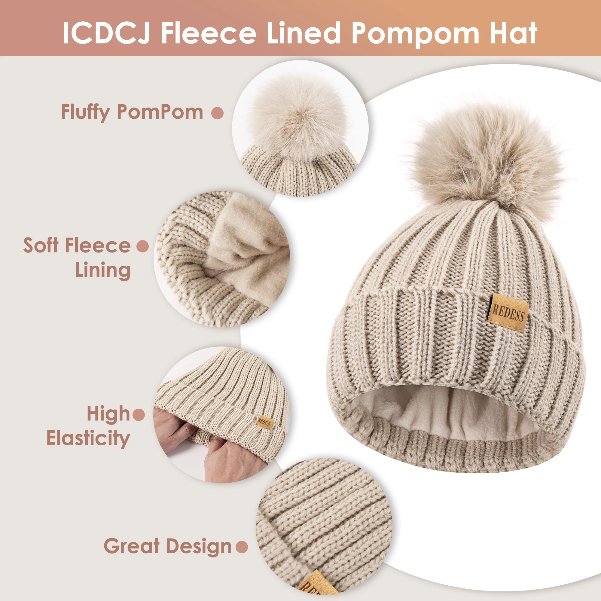 Chapéu de pompom casual de inverno feminino, luvas elásticas e quentes, cachecol longo de malha, conjunto de três peças, solto e confortável