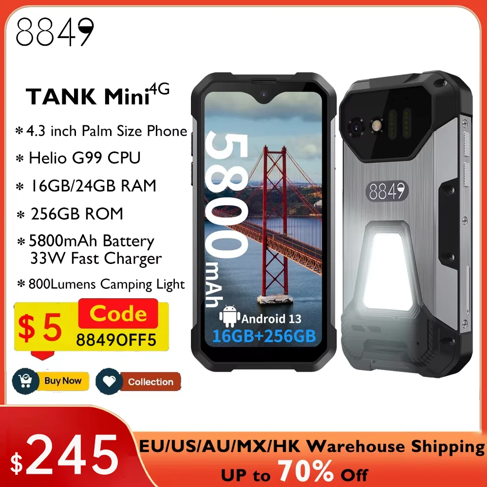 Unihertz-スマートフォン,ミニ,頑丈,8849インチ画面,Android 13, Helio G99, 24GB,4.3 GB, 256 MPカメラ,5800mAh,スペインの倉庫