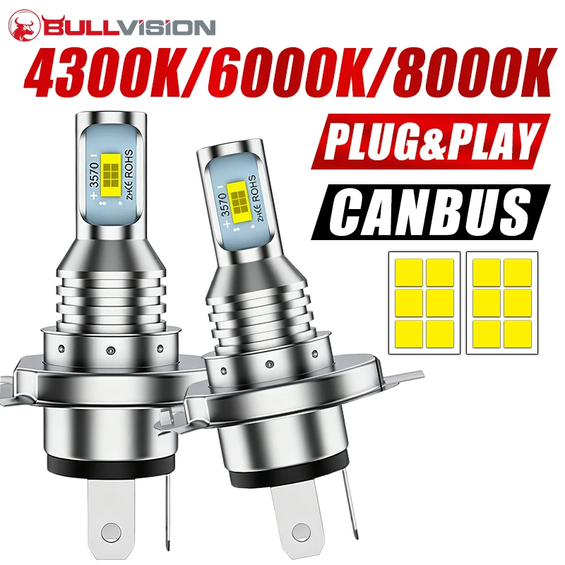 H4 LED Headlight Bulbs 3570 CSP H4 LED Wireless Mini Size Super Bright DRL Lamp 6000K 12V 1:1 Plug and Play 4300K 8000K