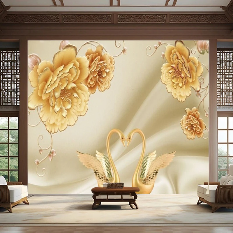 Nordic Golden Peony Swan Duet Jewelry Screen Painting For Chinese Painting TV Living Room Flower Shop Cafe Decoration Picture