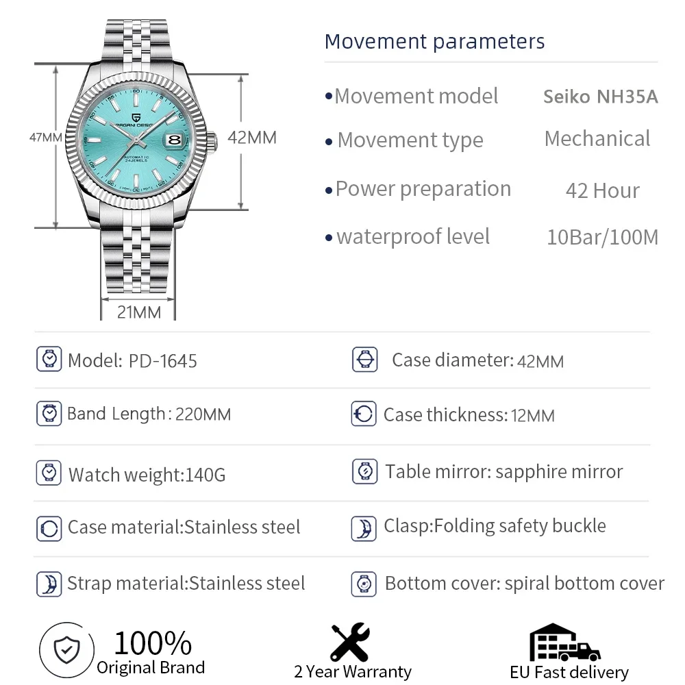 PAGANI DESIGN PD-1645 V2 Men\'s Automatic Watches Business Mechanical Wrist Watch Jubilee Bracelet NH35A Movement 100M Waterproof