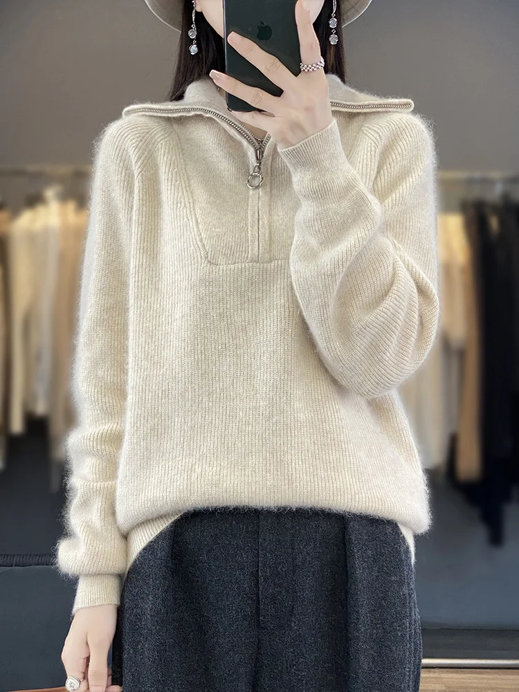 Aliselect Women 100% Mink Cashmere Sweater Zipper Pullover Long Sleeve Casual Loose Knitwear Jumper Korean Fashion Thick Tops