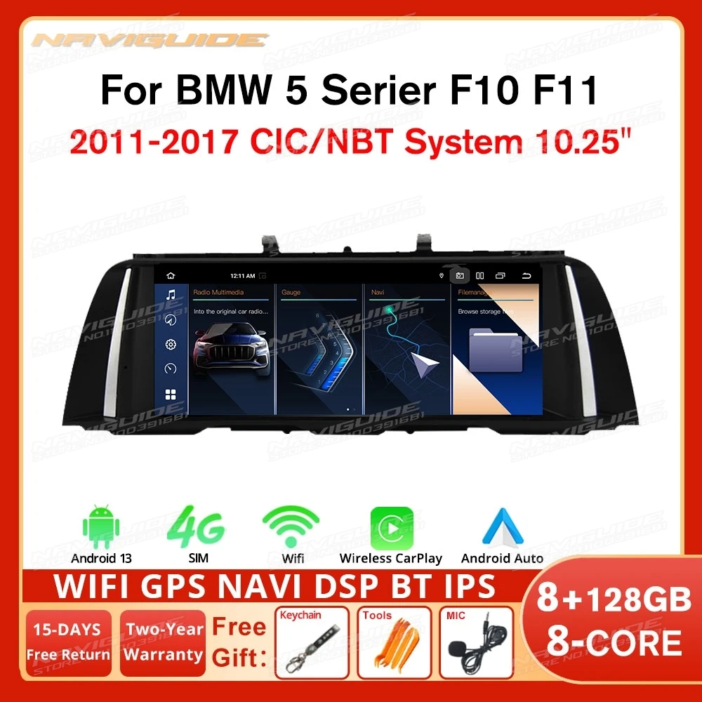 NAVIGUIDE 10.25 Inch 8G+128G Car GPS Navigation Android 13 For BMW 5 Series F10 F11 2011-2016 CIC NBT System Multimedia Player