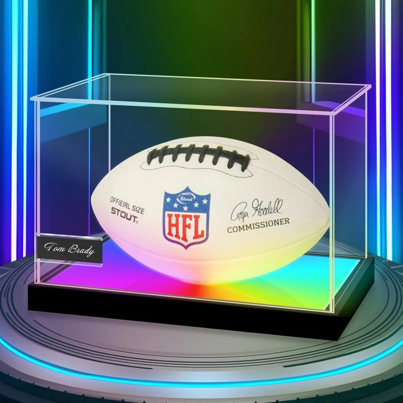 Acrylic DustProof Football Display Case with Color Changing LED Light,  Clear Full Size Memorabilia Box for Autographed Ball