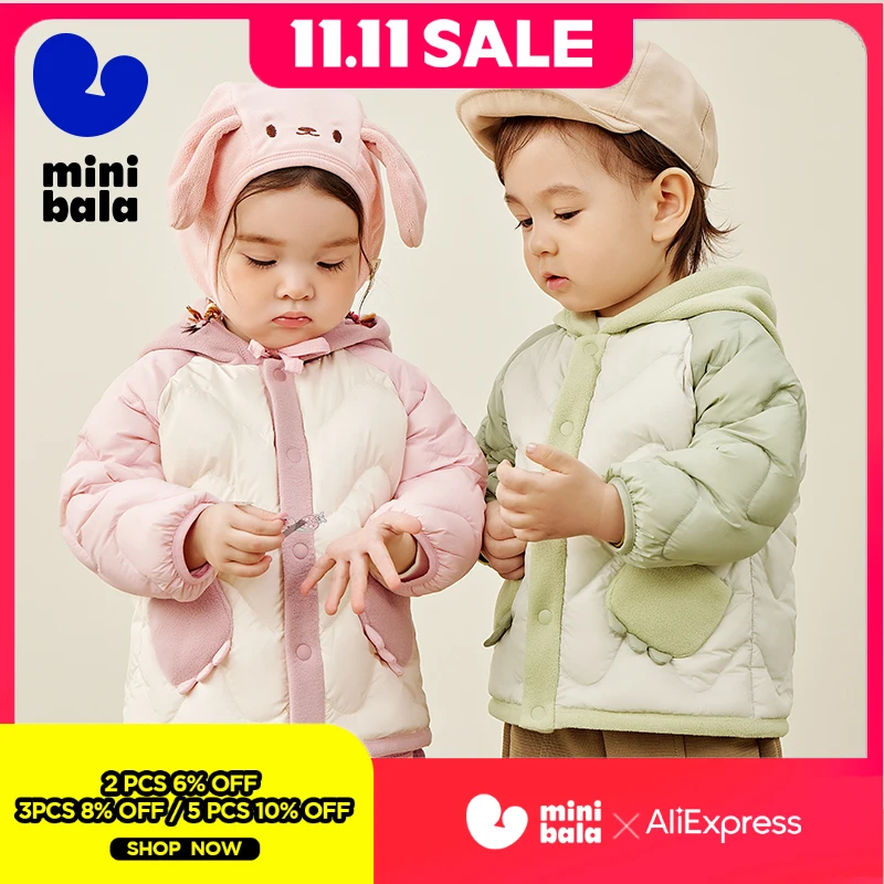 

Пуховик Mini Bala для мальчиков и девочек, новинка зимы 2024, легкий и теплый детский милый лоскутный пуховик на белом утином пуху