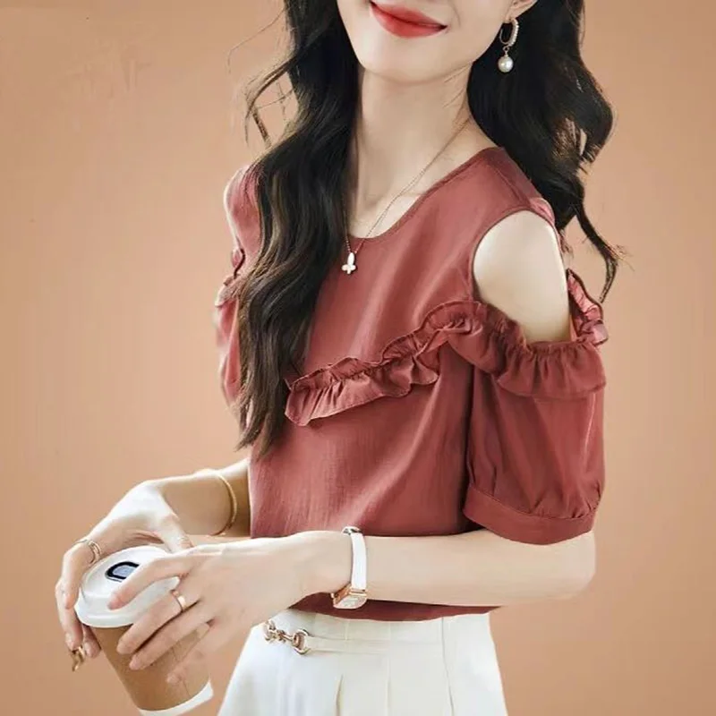 

Stylish Solid Color Loose Ruffles Off Shoulder Blouse Female Clothing 2023 Summer New Casual Pullovers Office Lady Chiffon Shirt