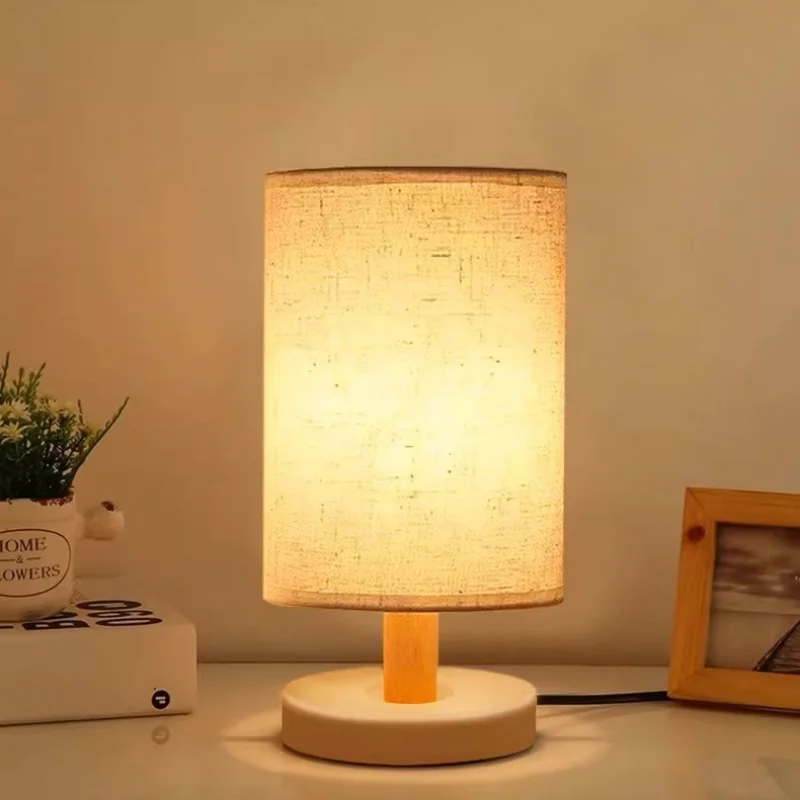 Rustic Wood Table Lamp Linen lampshade Holder E27 LED Bulb Creative Desk Lamps , Festive Bedside Home Lighting Fixtures Light