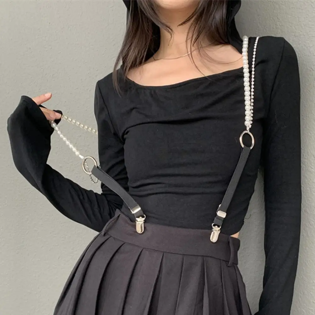 75cm Women Suspenders Belt Faux Pearl Shirt Decoration Adjustable Elastic Duck-Mouth Clip Back Jewelry Suspender Strap Clip