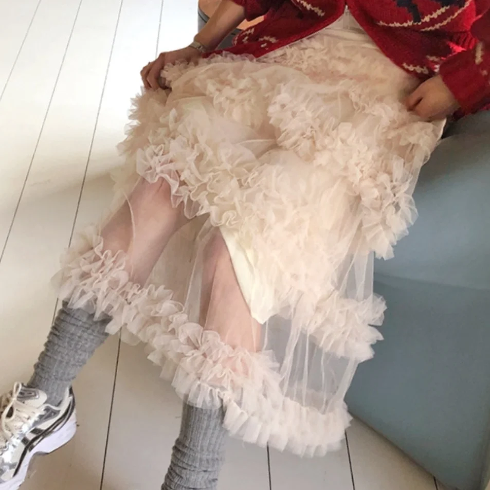 Coreano sle doce suave aosphere madeira ain emenda net saia versátil f corpo saia na moda cintura alta saia longa