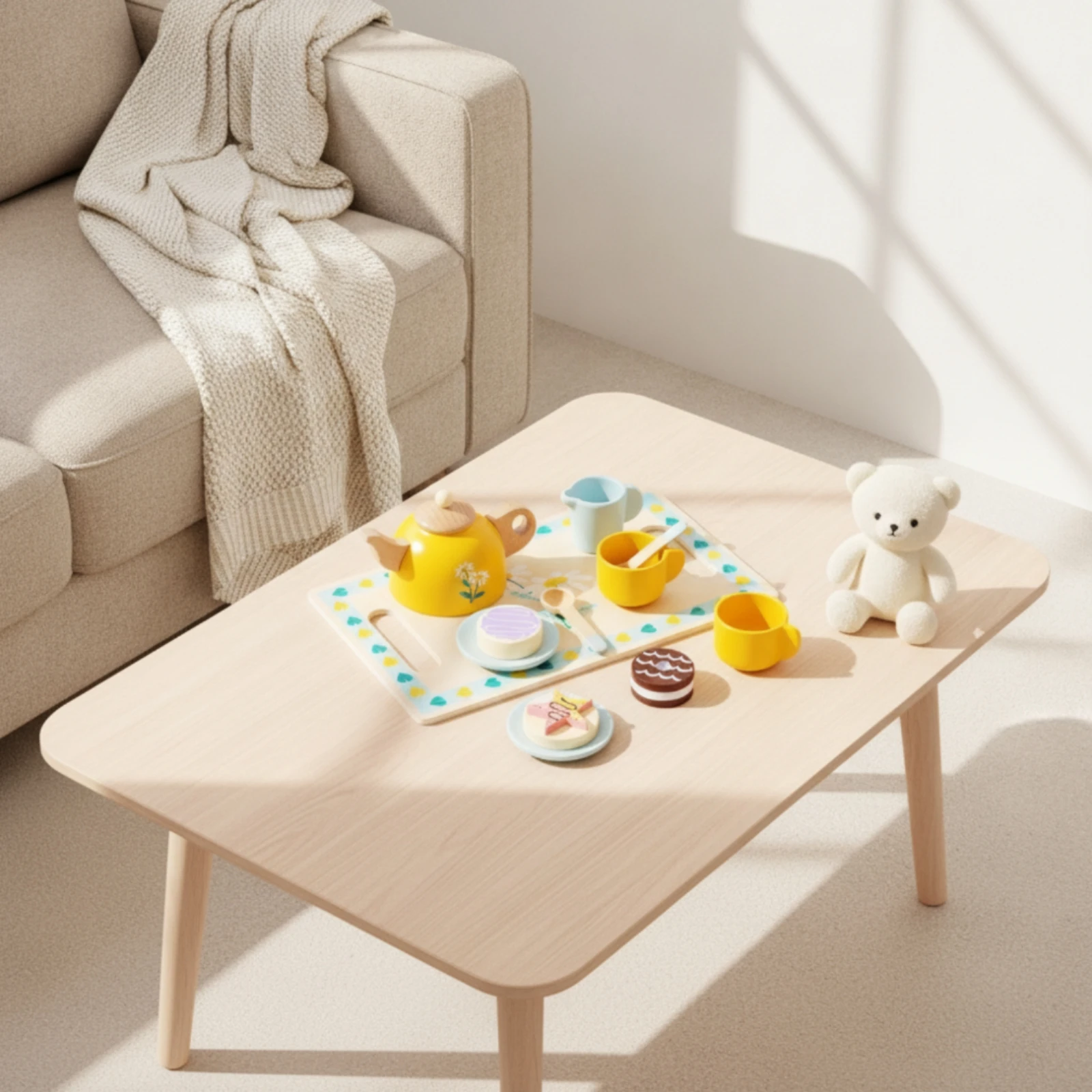 Wooden Tea Set with Tray Educational Tea Party Set with Dessert Pieces Toy Natural Rounded for Children, Playroom, Preschool