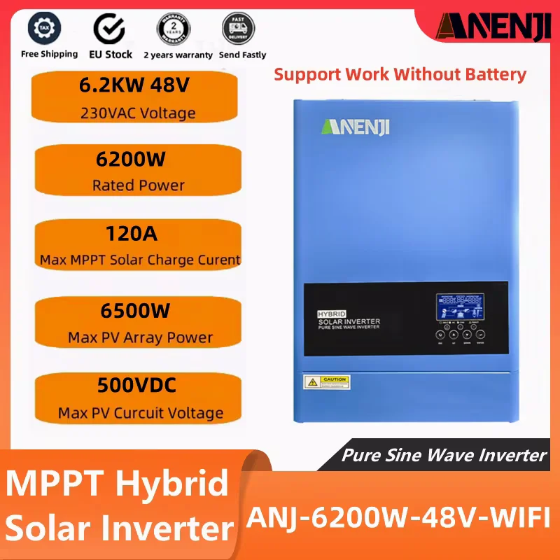 6.2KW Hybrid Solar Inverter With 120A MPPT Charge Controller 230V 500VDC Pure Sine Wave Inverter Work Without Battery