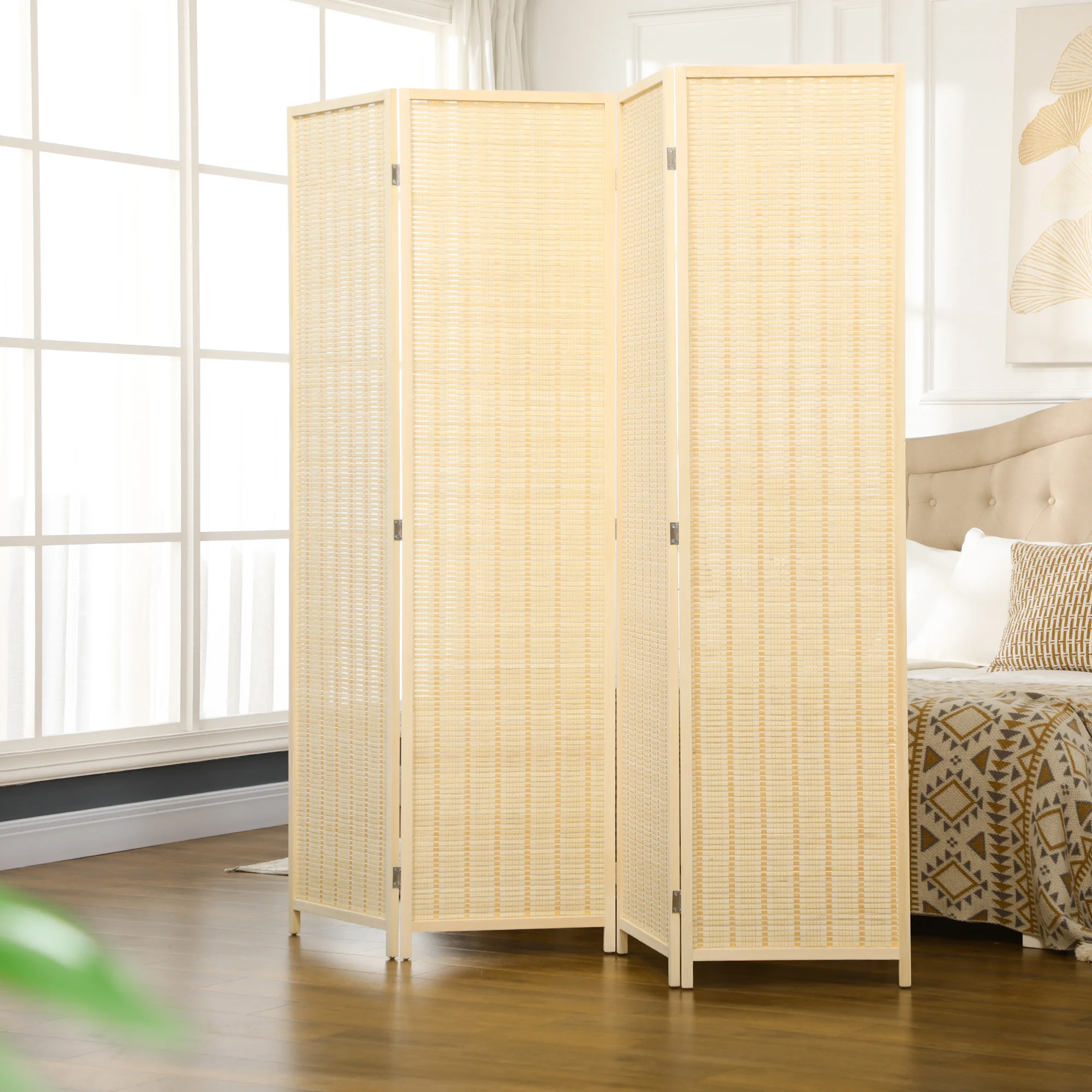 HOMCOM Biombo de 4 Paneles Plegable 180x180 cm Tejido a Mano de Bambú para Salóne para Salón Natural