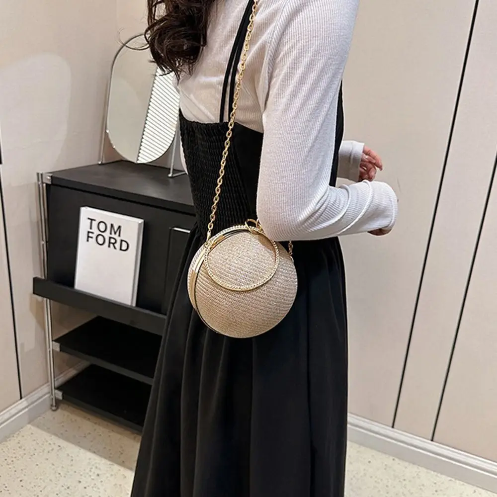 Fashion Circular Evening Bag Gold Bright Silk Rhinestone Decorative Chain Banquet Clutch Shoulder Bags Wedding Party