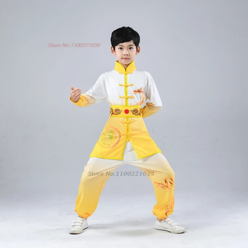 2025 chinês vintage crianças wushu kung fu conjunto dragão impressão gradiente cor wushu kung fu artes marciais treinamento exercício terno