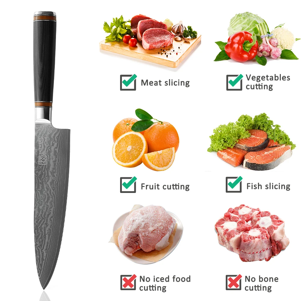 KEEMAKE 8 Inch Japanese Chef\'s Knife High Carbon Damascus Steel Meat Cutting Knife Sharp Utility Vegetable Fruit Slicing Tools