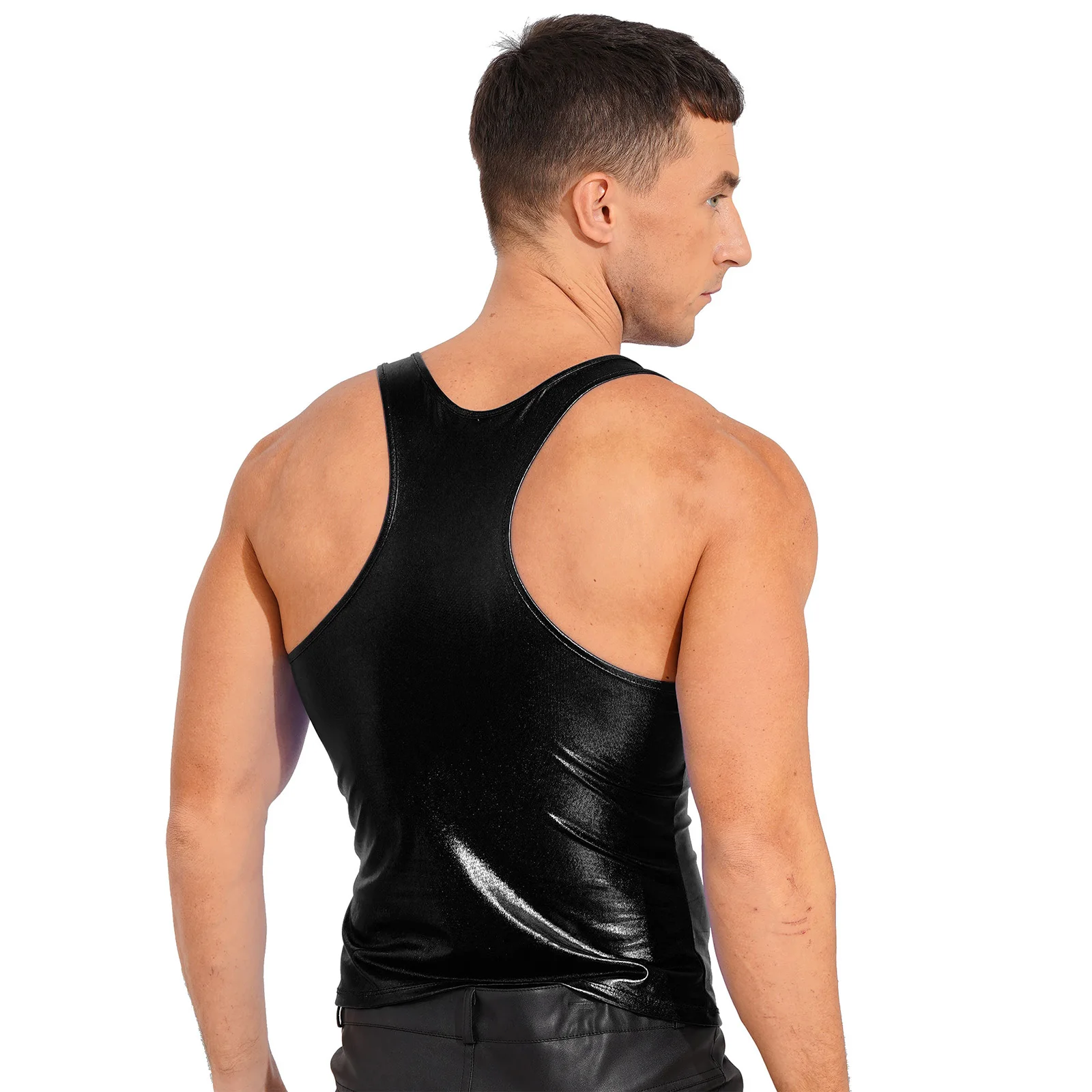 Mens Sleeveless Racer Back Slim Fits Camisole Tops U-neckline And Racer Back Tank Tops Cosplay Clubwear Shiny Metallic Vest Top