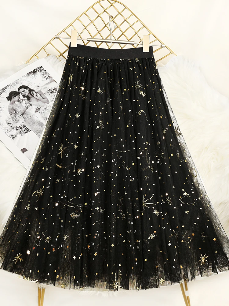 

Ele Bla Sequin Embroidered Me Skirt with Elastic Waist mid Length a Line Fairy T Summer Bright Tead Skirts