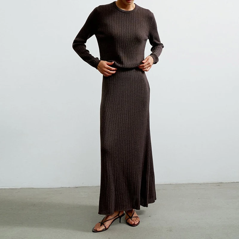 

Home Lazy Style Long Skirt Solid Color Fashion Knitted Set Long Sleeve Hoodie with Skirt Casual Comfort Set