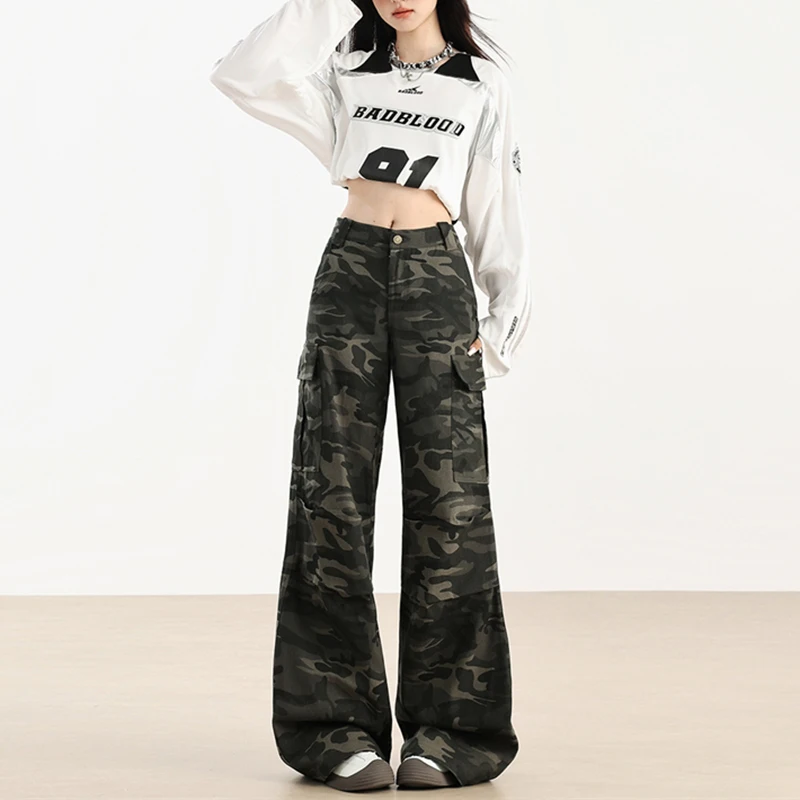 American Retro High Street Camouflage Cargo Pants 2024 Autumn New Loose Wide Leg Pants Women Fashion Versatile Baggy Trousers