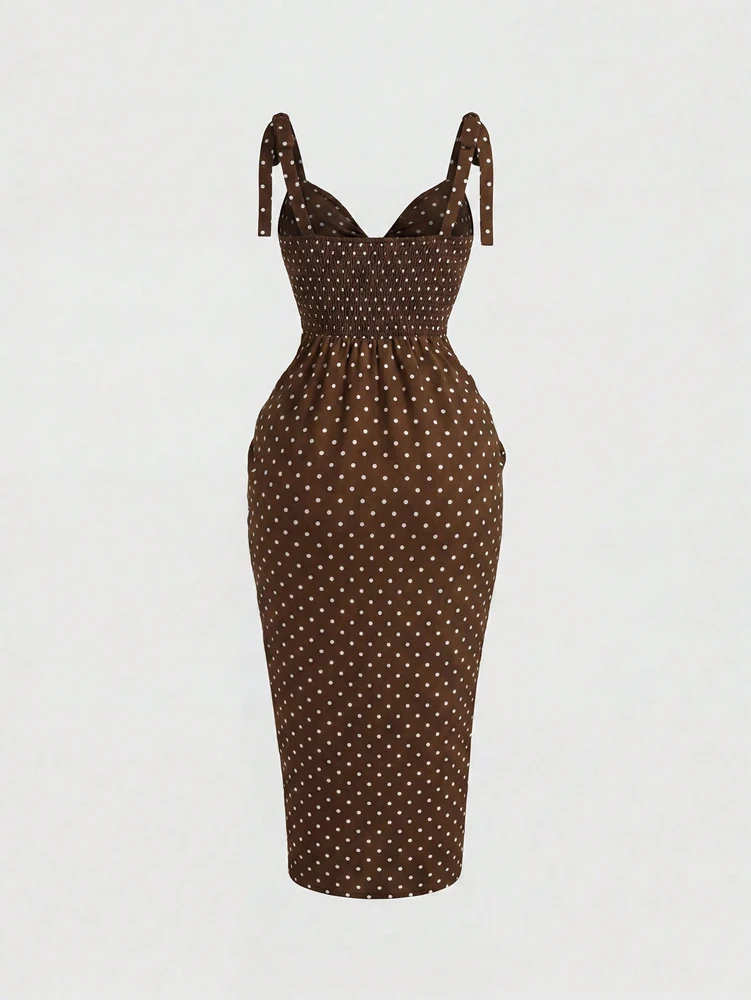 Sexy, sinnliches, tailliertes, kurvig geschnittenes, trägerloses Maxikleid für große Größen, lässig, gepunktet, V-Ausschnitt, Strandkleid – Detail 3