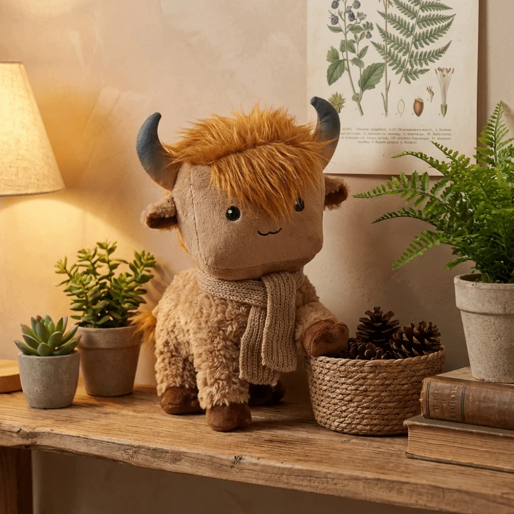 

Knitted Scarf Scottish Highland Cow Plush Cute Fluffy Soft Stuffed Cow Fluffy Doll Removable Scarf Cow Stuffed Animal Home Decor