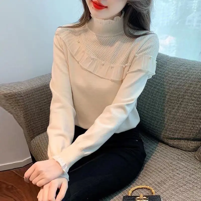 Patchwork Pleated Slim Pullovers Spring Autumn Long Sleeve All-match Solid Fashion Bottoming Shirt Korean Casual Women Clothing