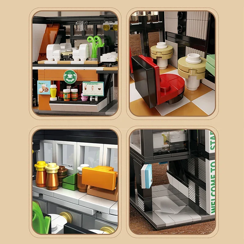 Klocki konstrukcyjne City 581 elementów, Kawiarnia Gwiazda z Oświetleniem, Widok Ulicy, Architektura, Kawiarnia, MOC, Zabawki dla Dzieci, Prezent na Boże Narodzenie