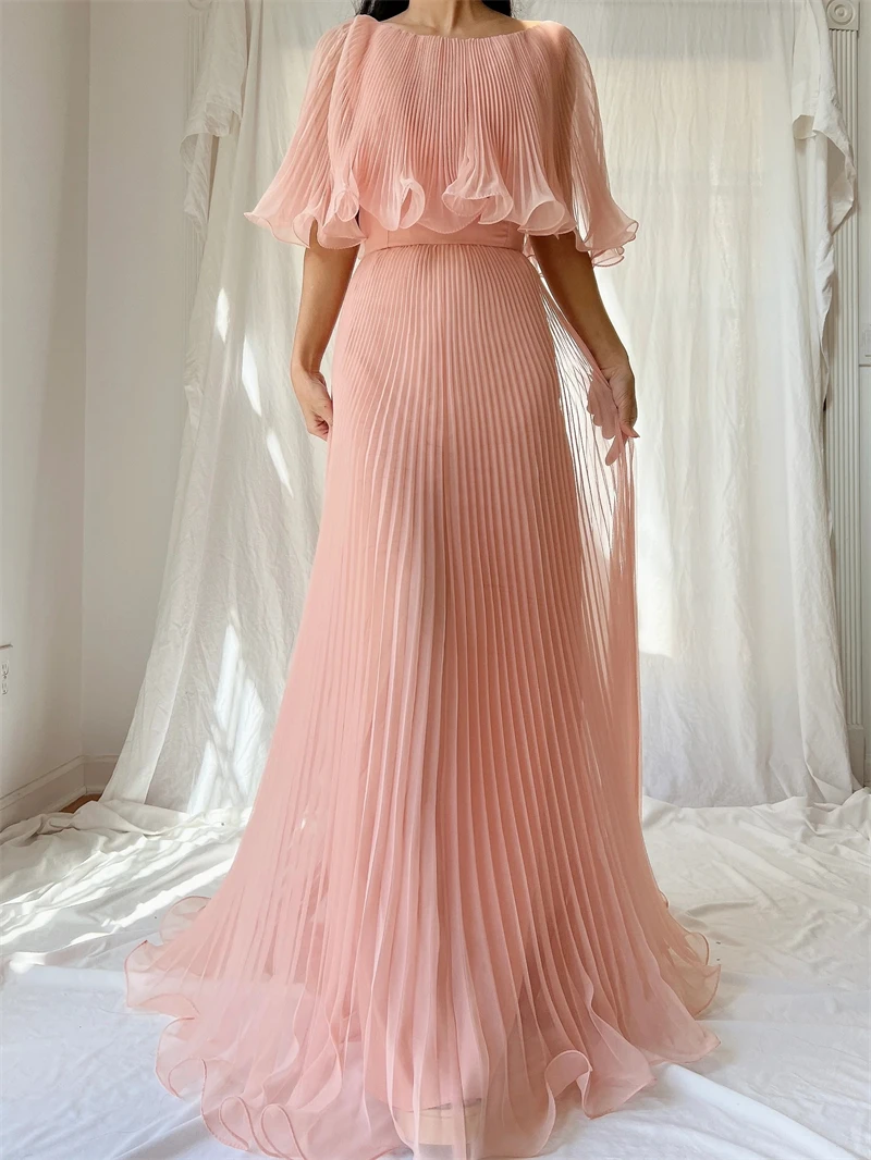 Achtree Blush Roze Arabische Vrouwen Avondjurken Lange Mouwen Plooien Cape Schouder Moeder Ruches Party Prom Jurken Organza Beach