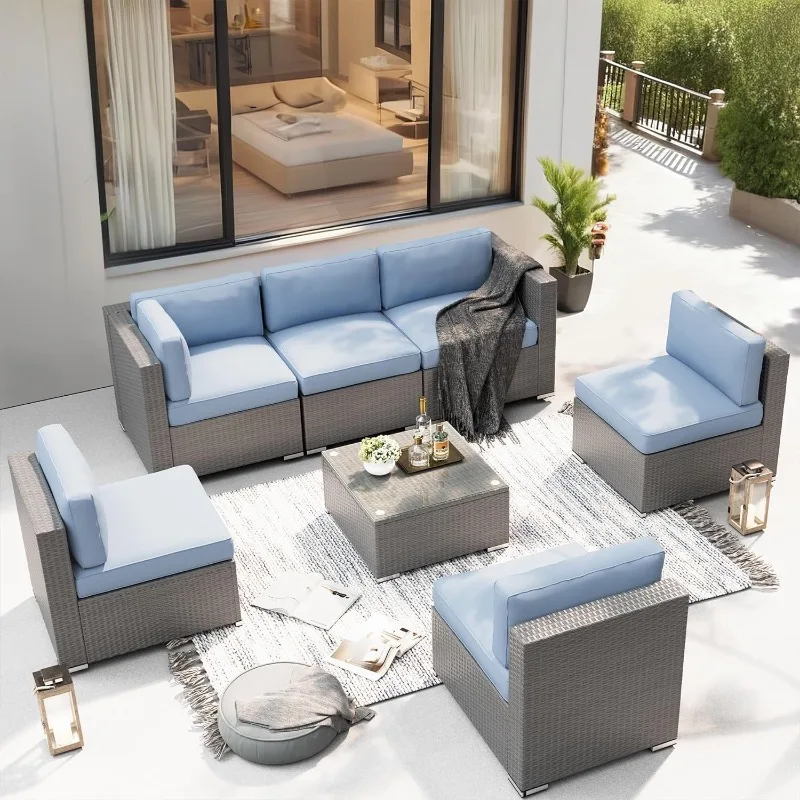 

Outdoor Patio Furniture Set 7 Piece Outdoor Sectional Sofa Grey Wicker Conversation Sofa Set with Coffee Table and Cushions