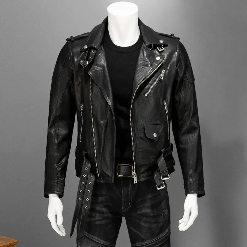 Black Autumn Leather Jacket Men Punk Style Plus Size 4XL Natural Sheepskin Double Belt Genuine Leather Coat