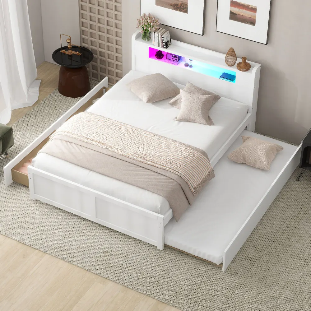 Cama de plataforma de armazenamento de madeira queen size com LED, 2 gavetas e 1 rodízio de tamanho duplo, mola de caixa não necessária, estrutura de cama para quarto