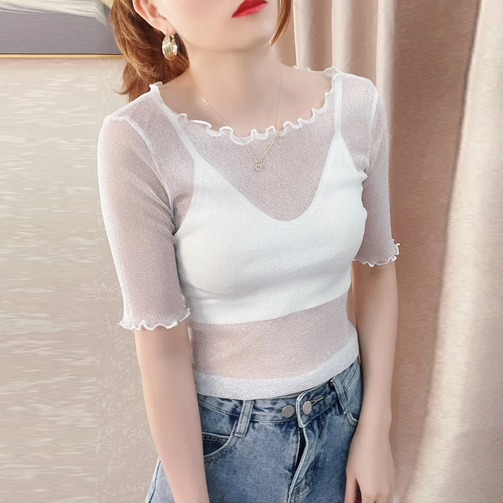

Women's Y2K Silver Shiny T Shirt Girl Transparent Elastic Shirt Short Sleeve O Neck Female Blouses S-2XL Top Aesthetic Clothes