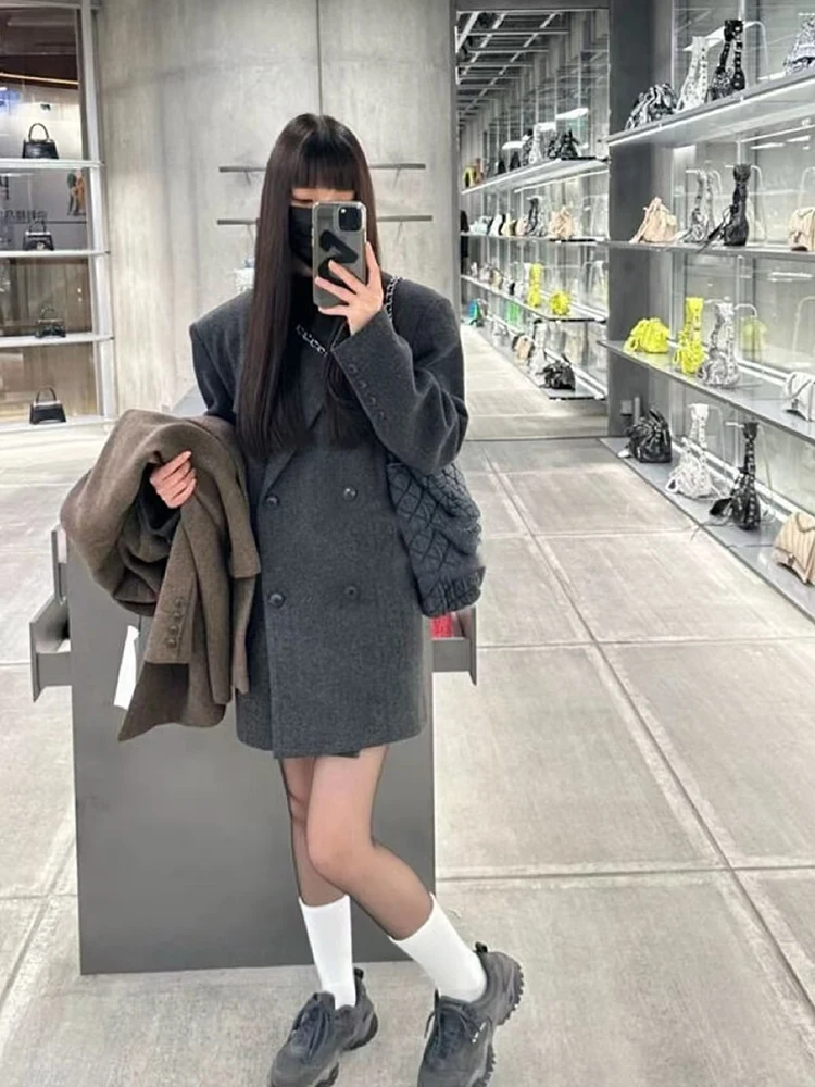 Fashion Gray Faux Fur Suit Coat Women Y2K Winter Thick Warm Double-Breasted Jackets Female Korean Streetwear All-Match Outwear