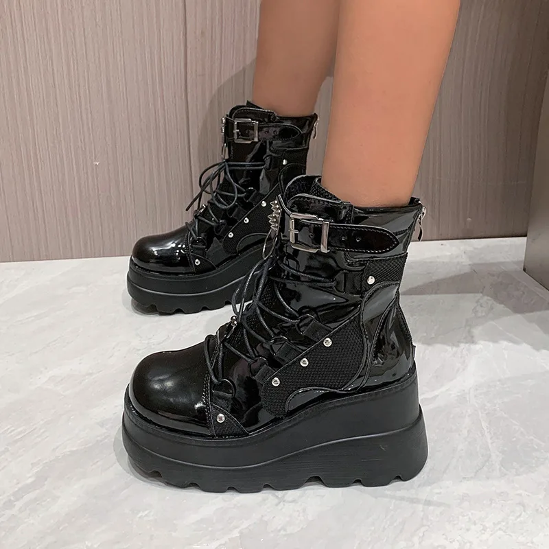 Women Punk Gothic Motorcycle Boots 2024 New Platform Chunky High Heel Ankle Boot Ladies Cool Wedge Woman Black Female Shoes