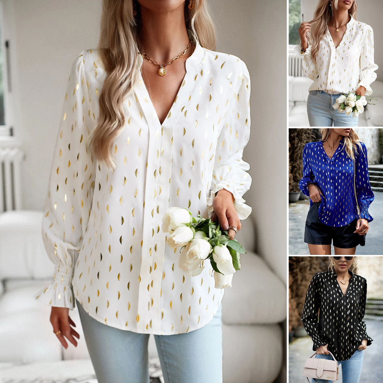 

Geometric Printed Twill Blouses New All Match Ladies V Neck Lantern Sleeve Shirts Autumn Simple Polka Dots Turn Down Collar Tops