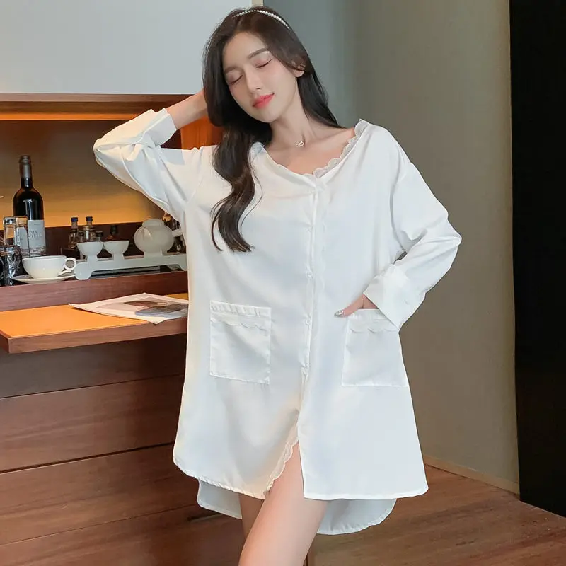 White Nightgowns Women Design Lace V-neck Single Breasted Mini Nightdress Sexy Sleepwear Breathable Long Sleeve Sleepshirts Lady