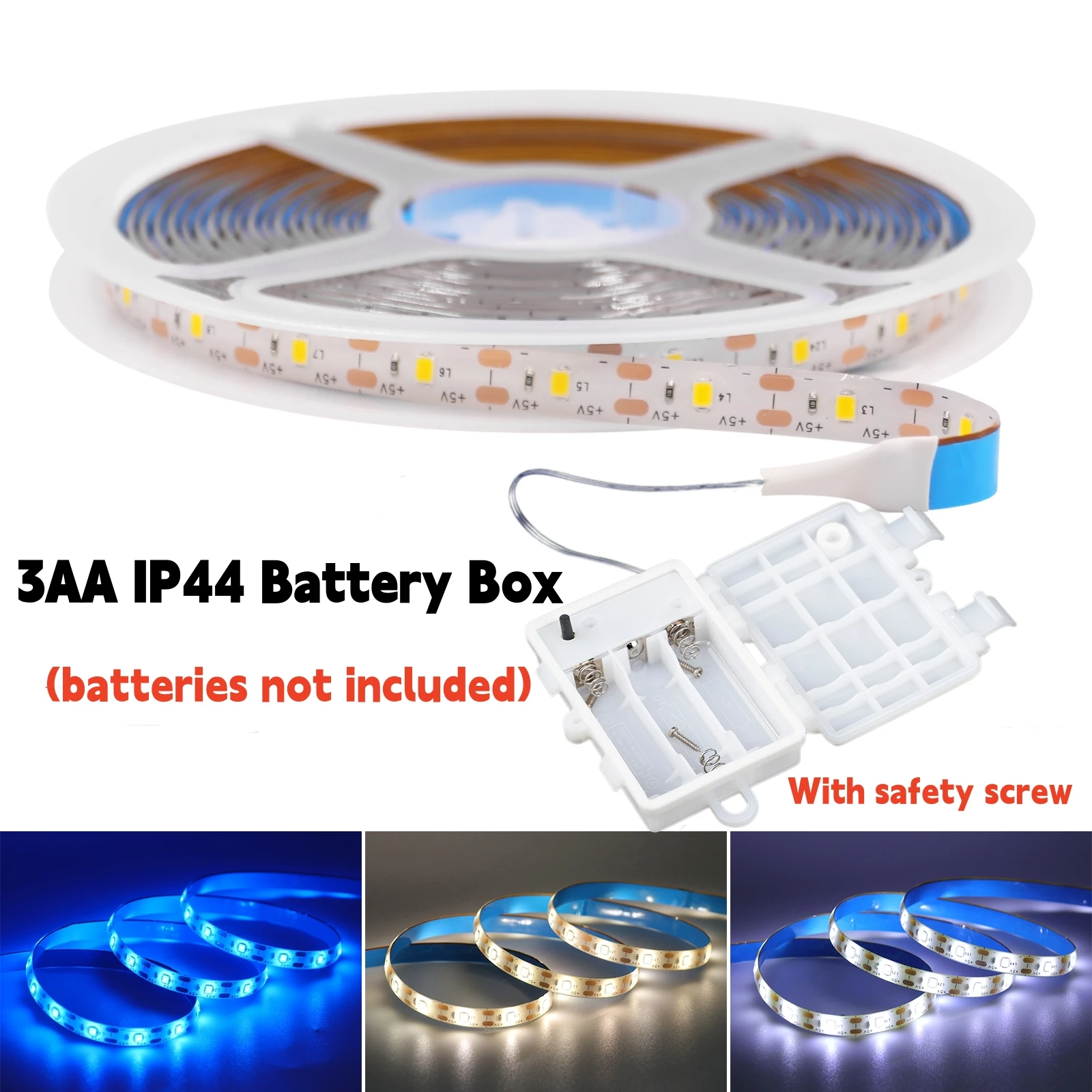 3AA Batteriebetriebener 5V 2835 LED-Streifen 8MM 60LEDs/M Warmweiß Blau Flexibles Band Dioden-Lichtband für Schlafzimmer Schrank TV-Hintergrundbeleuchtung