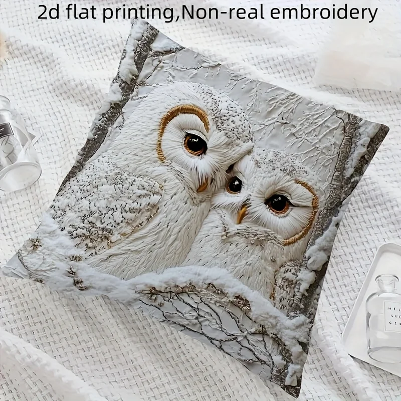 2D flat- Winter Snowy Owl Couple Throw Pillow Cover Rustic Forest Animal Square Cushion Case for Couch Bedroom Sofa Home Decor