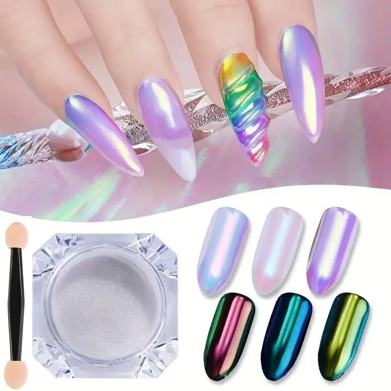 Aurora-Poudre à ongles effet miroir chromé, nail art, sirène arc-en-ciel AB