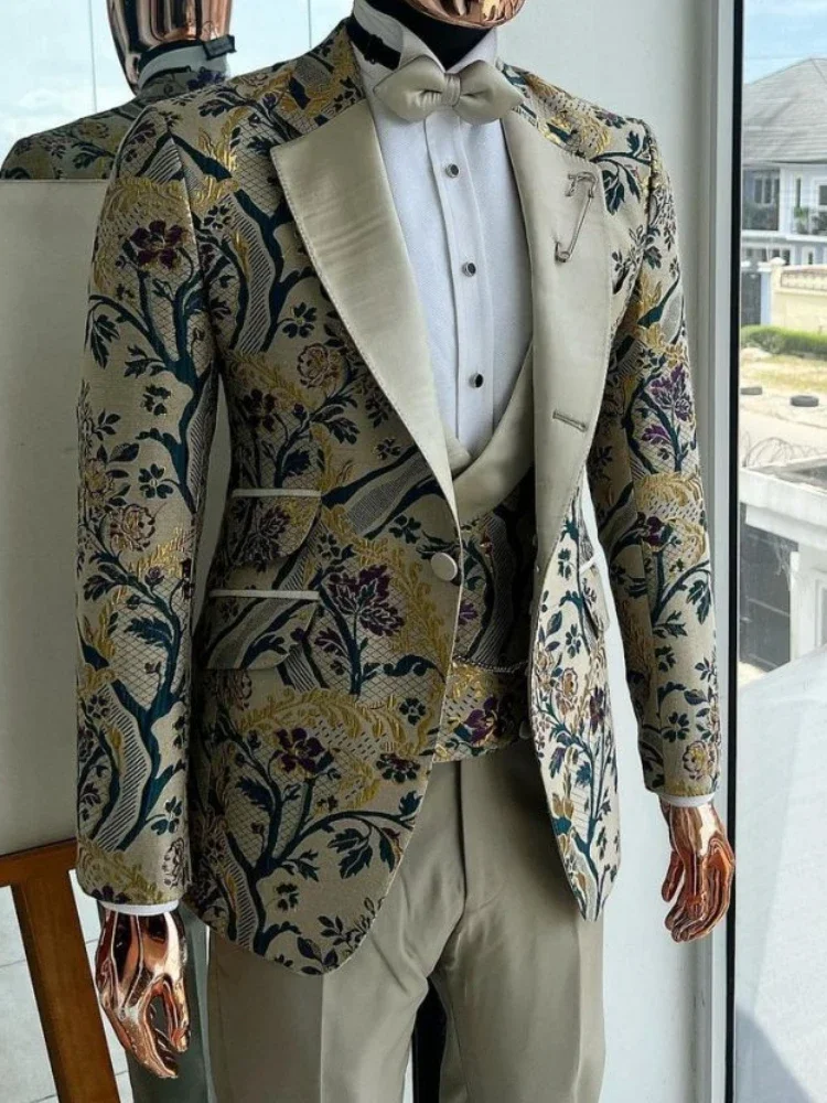 Floral Wedding Groom Tuxedos for Prom Party 3 Pcs Jacquard Men Suit Slim Fit Male Fashion Costume Custom Made Jacket Vest Pants