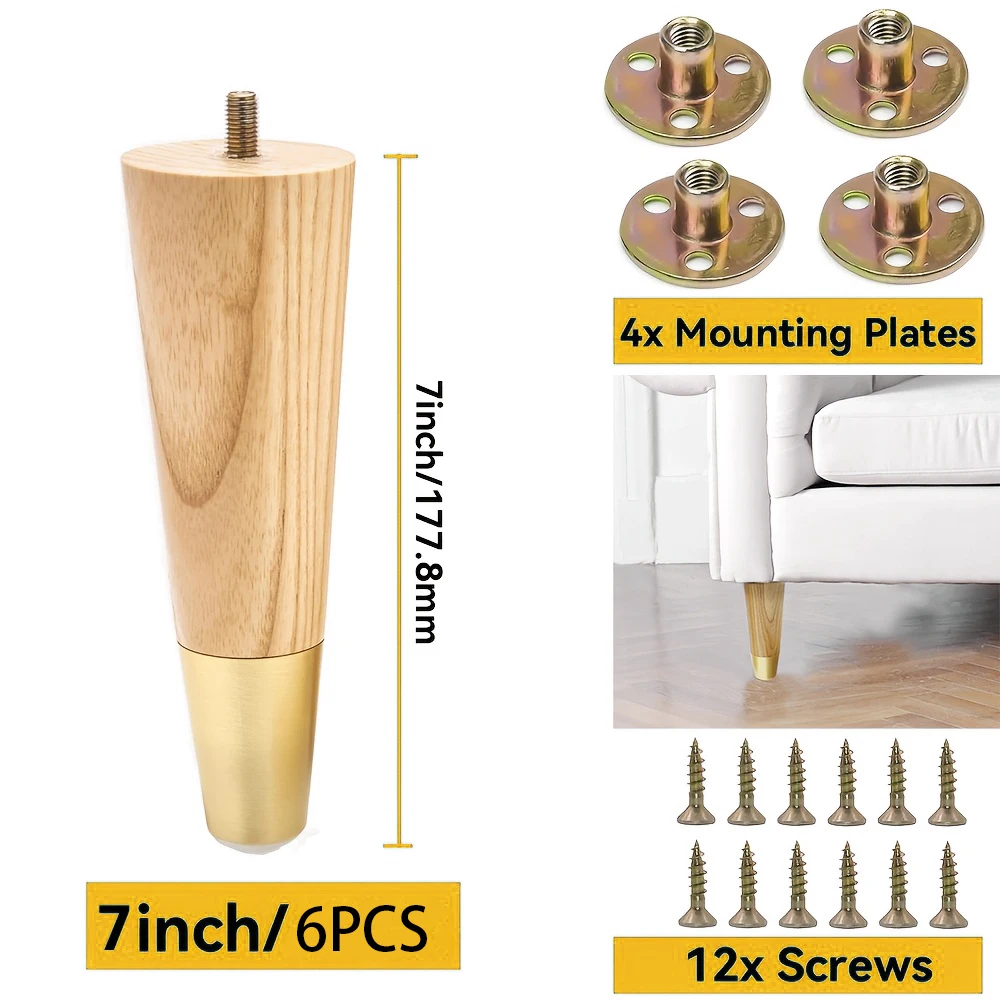 Solid wood furniture legs are 7 inches long. The set of 6/8 replacement wooden legs for the sofa is available. The legs for the