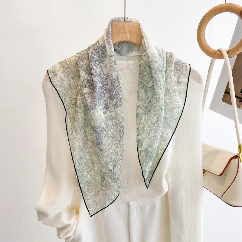 Luxury 100% Pure Silk Georgette Square Scarf 65X65cm Minimalist Vintage Botanical Palm Line Print Neck Wrap Headscarf Bag Decor