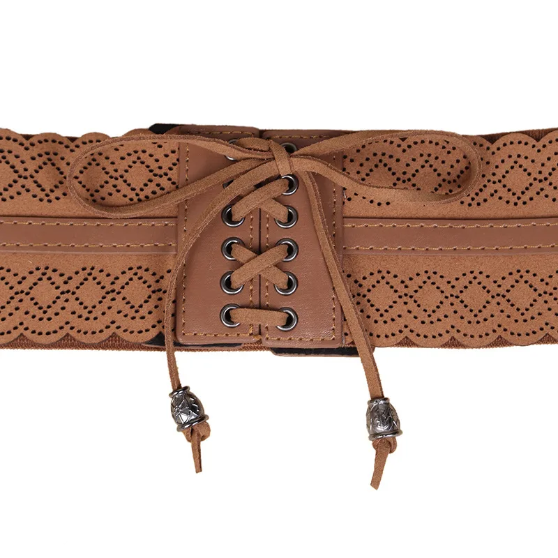 7.2CM X 80CM Retro Elastic Women Strap Wide Waist Seal Burning Flower Decorative Lace Skirt Fashion Belt Light Brown Vintage