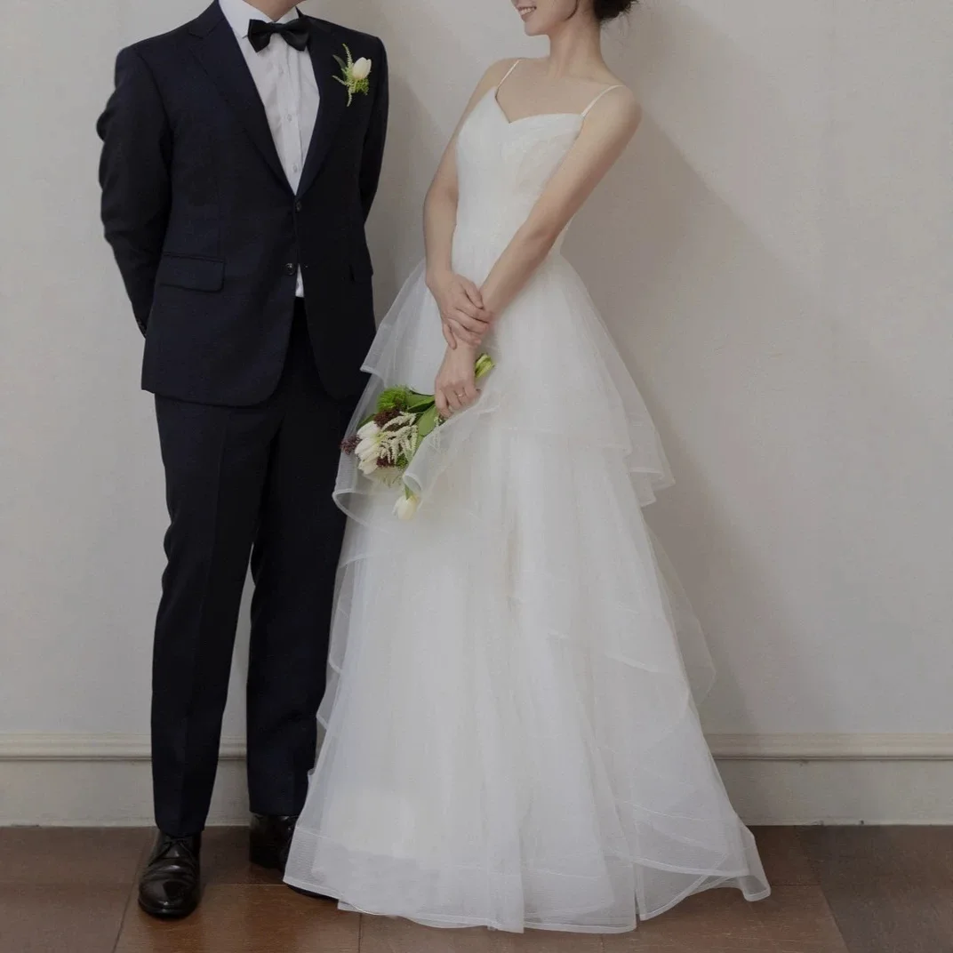 Spaghetti Strap Sweetheart Tulle Wedding Dress Tiered Ruffle A‑Line Floor‑Length Bridal Gown Custom Color Wedding Party Dress