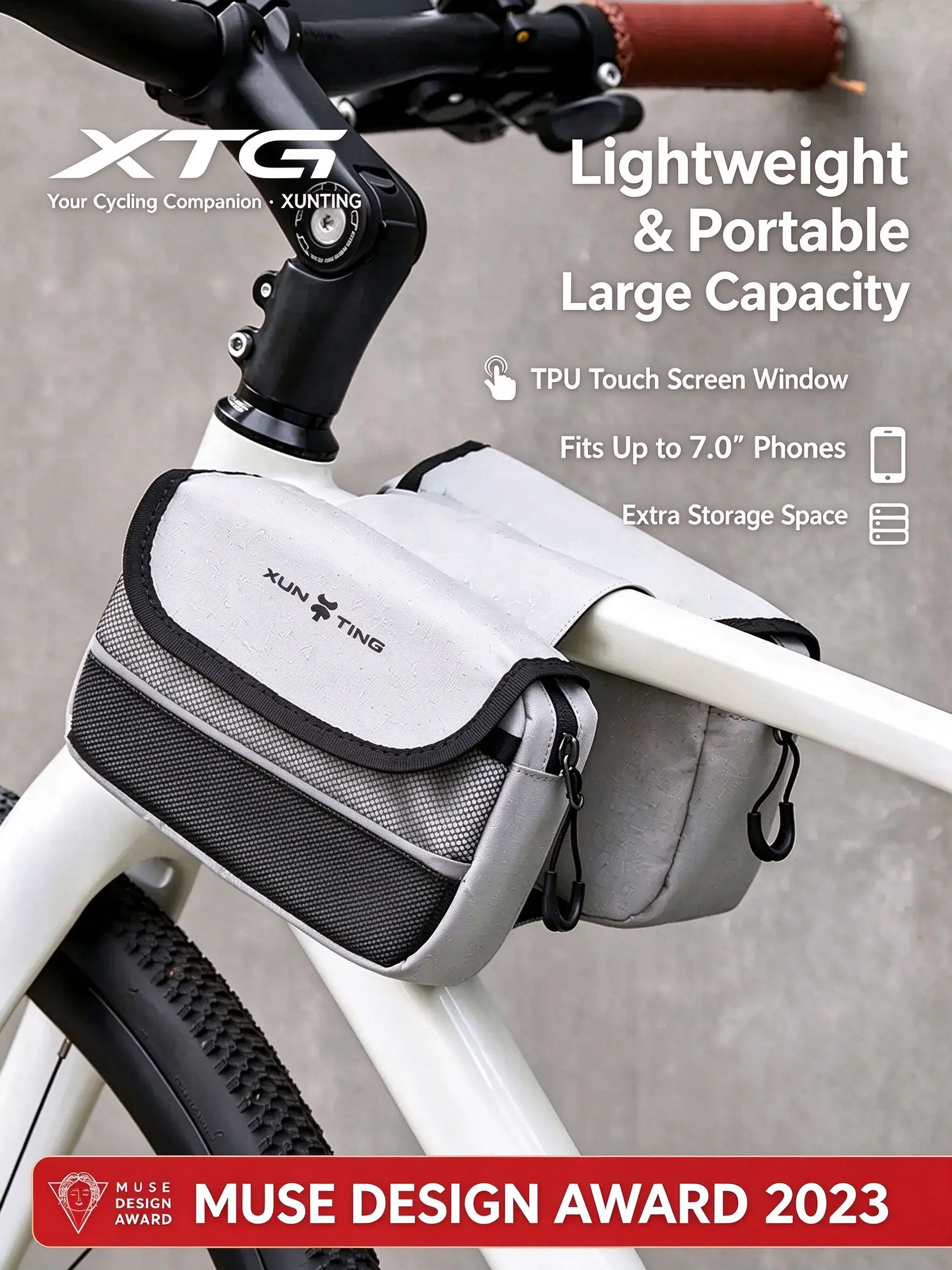 Bicycle Top Tube Bag Bike Frame Bag Mountain Bike Phone Bag Touch Screen Quick Access Dual Zipper High Strength Fiber XUNTIN