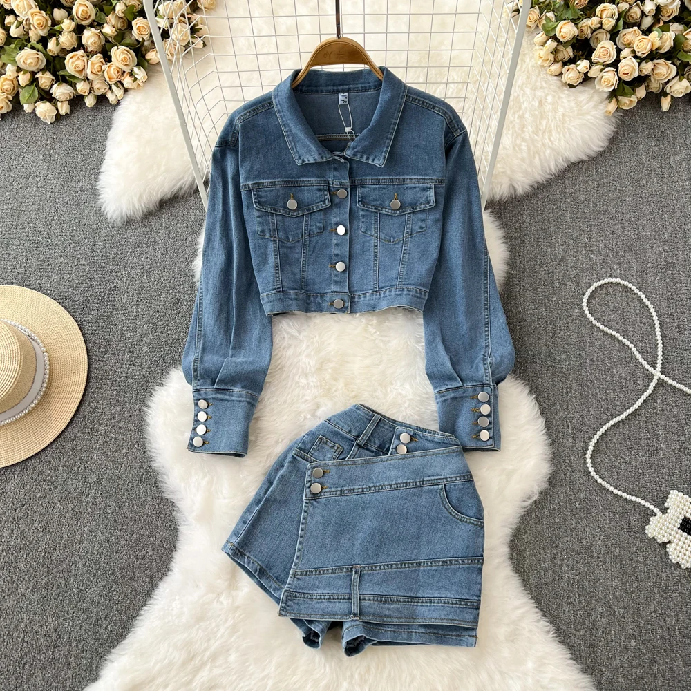 Denim Jacket Shorts Suit Women 2 Piece Sets Jeans Culottes Coat Single Breasted Pockets Ensemble 2025 Streetwear Washed Outfits