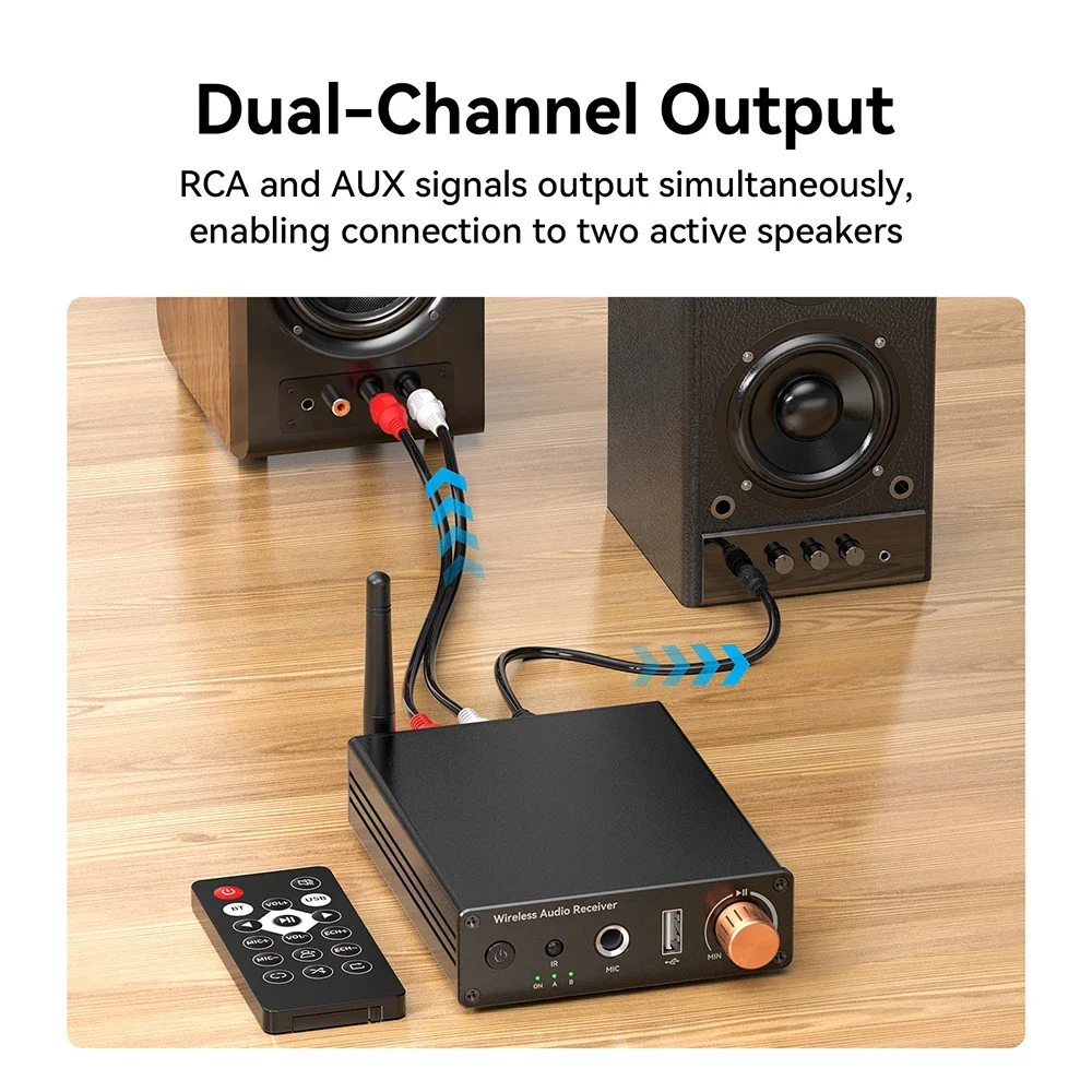 متوافق مع بلوتوث 6.0 استقبال الصوت 3.5 ملم AUX RCA USB 6.5 ملم ميكروفون الموسيقى محول لاسلكي مع جهاز التحكم عن بعد للتلفزيون الكمبيوتر