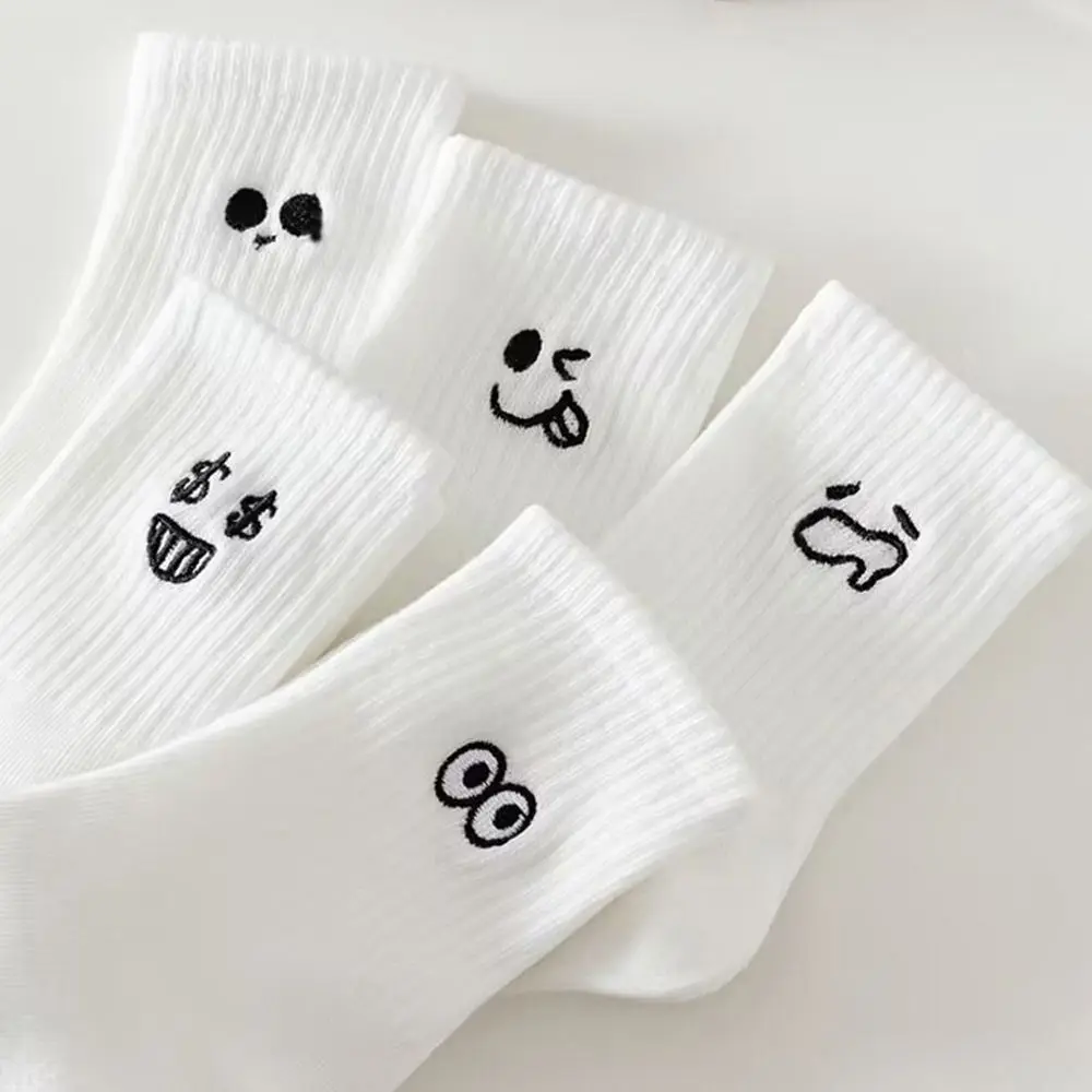 Embroidery Facial Socks Breathable Skin Friendly Mid-calf Socks Anti-slip Soft and Comfortable Smiling Face Printed Socks