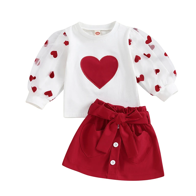 

Toddler Baby Girl Valentines Day Outfit Infant Little Kids Long Sleeve Love Heart Shirt Skirt Clothes Set With Belt