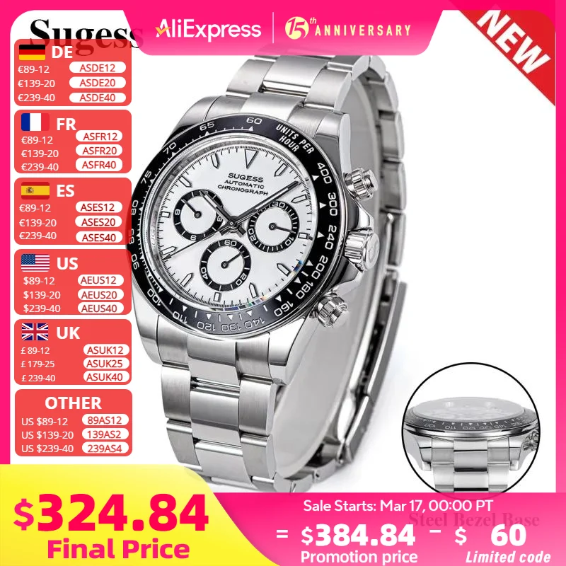 Sugess Panda Chronograph Movement Automatic Mechanical Chronograph Wristwatch Waterproof Diving Men Watches Ceramic Bezel Tona